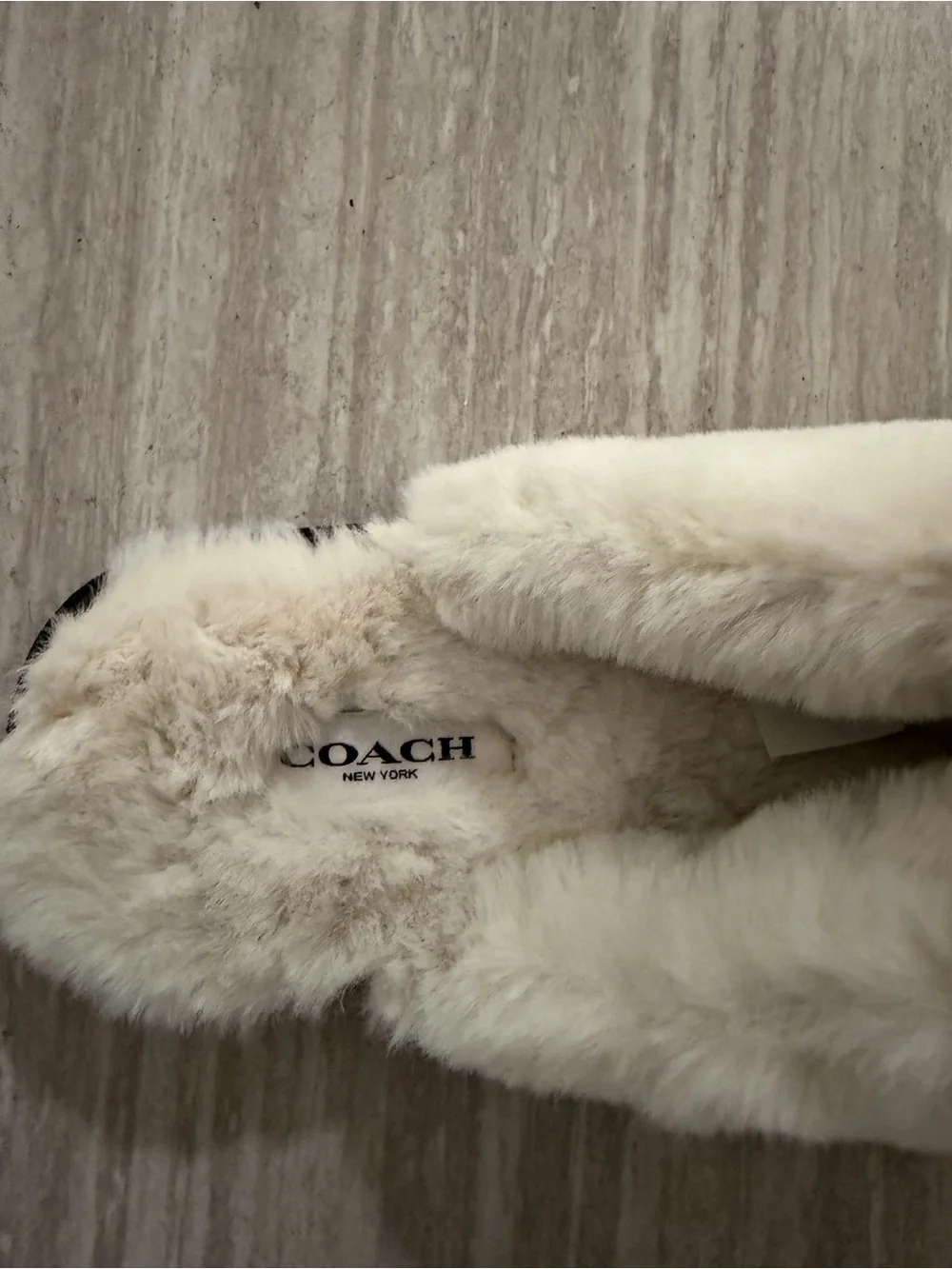 Coach Black Signature Clog Slippers with Cream Faux-Fur Trim